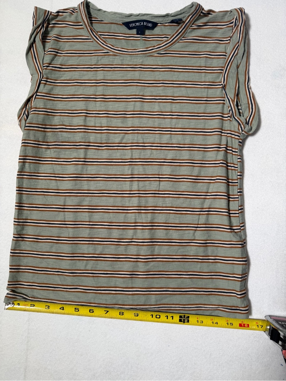 Veronica Beard Sage Striped Tee with Rust & Navy Accents